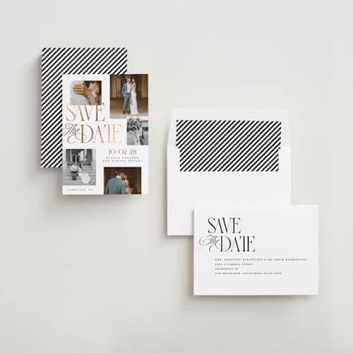 This is a paperwhite foil stamped save the date cards with foil pressed by Laura Hankins called layered printing on recycled smooth signature in standard