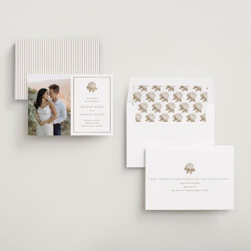 This is a cotton foil stamped save the date cards with foil pressed by Stacey Meacham called hydrangea bloom printing on recycled smooth signature in standard