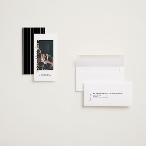 This is a pearl foil stamped save the date cards with foil pressed by Roxy Cervantes called cover page printing on recycled smooth signature in tall
