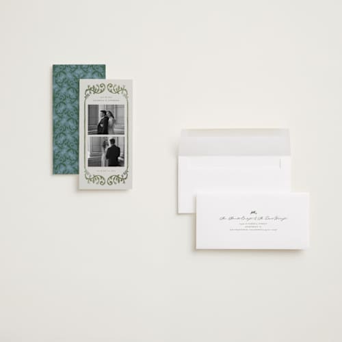 This is a bluebell foil stamped save the date cards with foil pressed by Jen Owens called grandeur printing on recycled smooth signature in tall