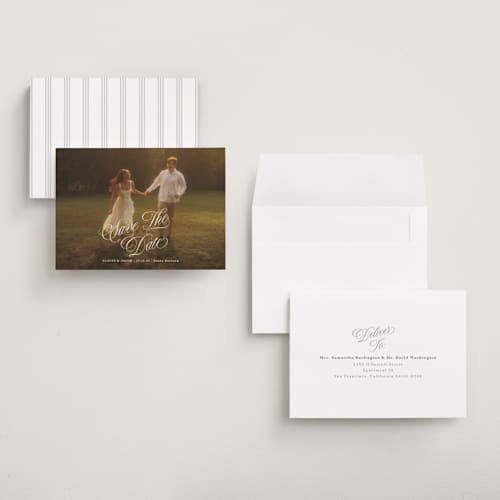This is a ivory petite save the dates with standard by Shirley Lin Schneider called classic romanticism printing on recycled smooth signature in petite