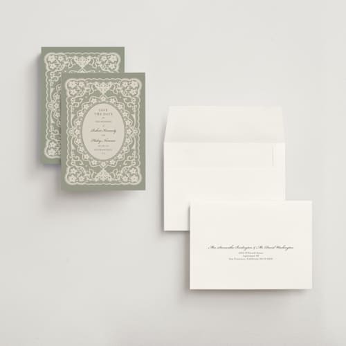 This is a sage petite save the dates with standard by Zove Ahhh called written in romance printing on signature in petite