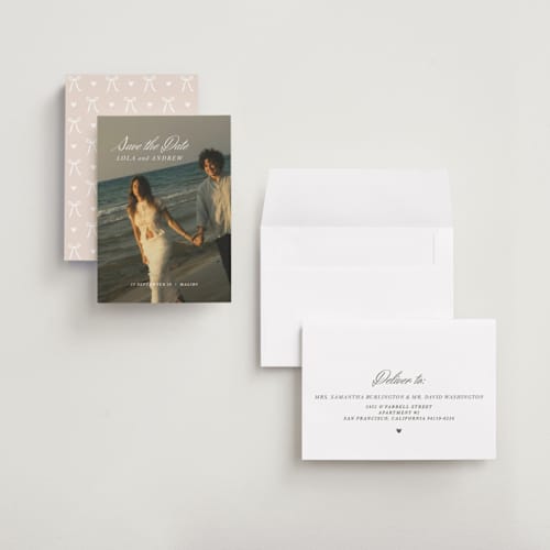 This is a pearl petite save the dates with standard by Stacey Day called essence printing on recycled smooth signature in petite