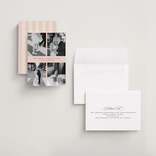 This is a pink grapefruit petite save the dates with standard by Kristie Kern called toast printing on recycled smooth signature in petite