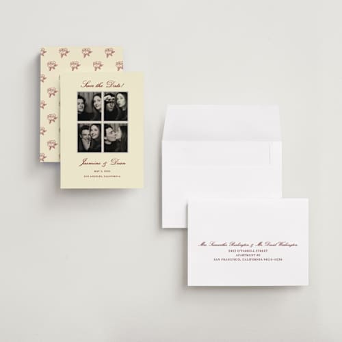 This is a wine rose petite save the dates with standard by Kalea called classic four printing on recycled smooth signature in petite