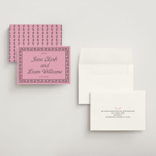 This is a bubblegum petite save the dates with standard by Kelly Watkins called avery printing on signature in petite