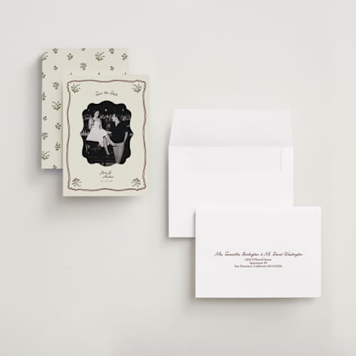 This is a wine petite save the dates with standard by Olivia Brinks called married + matted photo printing on recycled smooth signature in petite
