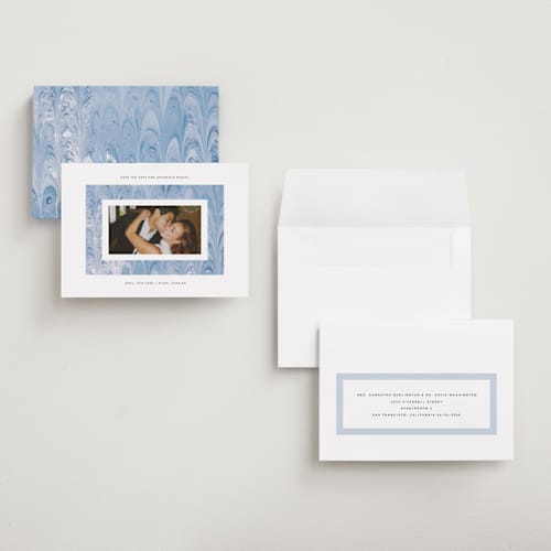 This is a sea petite save the dates with standard by Olivia Kanaley Inman called marbled printing on recycled smooth signature in petite