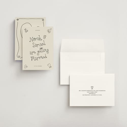This is a ink petite save the dates with standard by Kelly Watkins called hand-drawn hearts printing on signature in petite