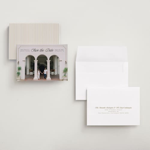 This is a golden petite save the dates with standard by Pink House Press called notched up printing on recycled smooth signature in petite