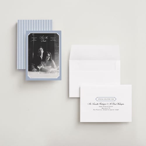 This is a neptune petite save the dates with standard by Heather Schertzer called notched printing on recycled smooth signature in petite