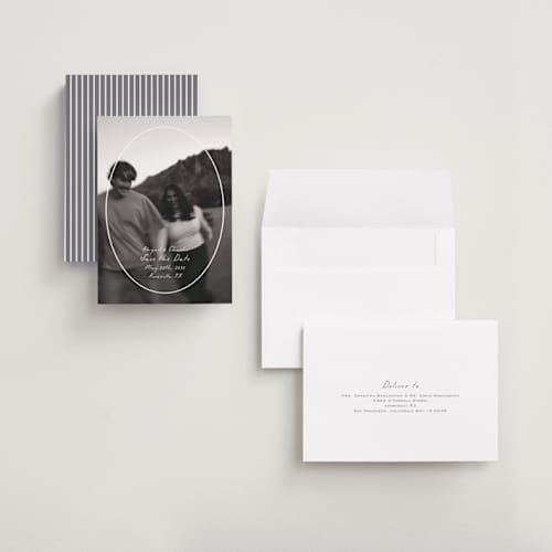 This is a parchment petite save the dates with standard by Nicole Walsh called oval frame printing on recycled smooth signature in petite