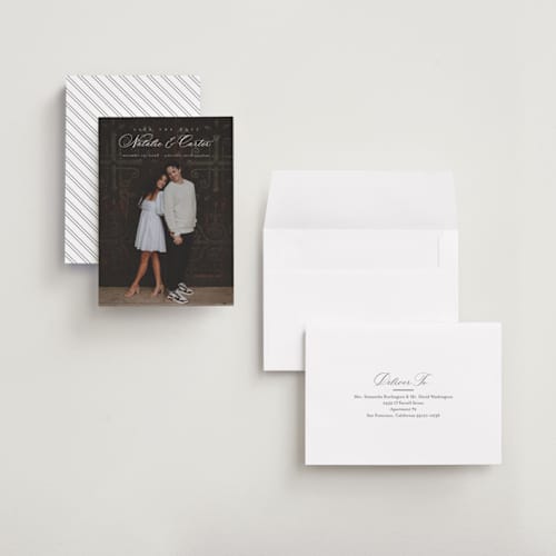 This is a sugar petite save the dates with standard by Jessica Williams called tranquil printing on recycled smooth signature in petite