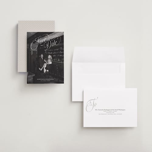 This is a cloud petite save the dates with standard by Kate Ahn called griffin printing on recycled smooth signature in petite