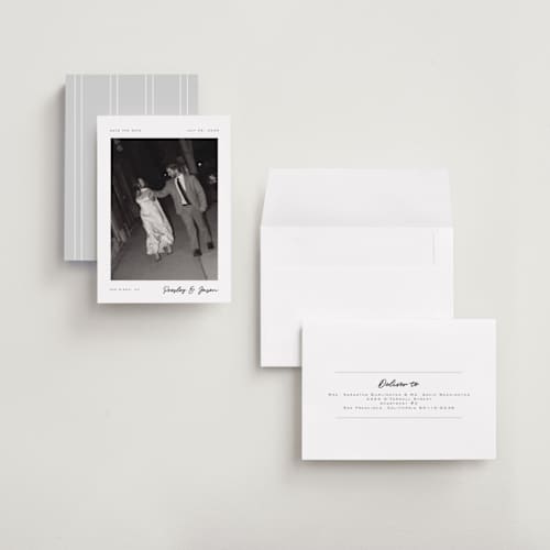 This is a cloud petite save the dates with standard by Nicole Walsh called corner printing on recycled smooth signature in petite