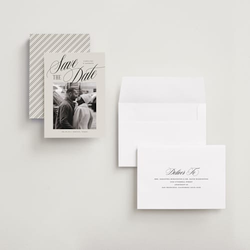 This is a buttercream petite save the dates with standard by Jessica Williams called belmont printing on recycled smooth signature in petite