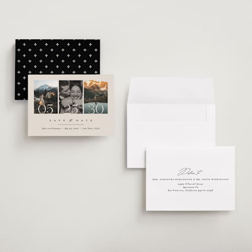 This is a ecru petite save the dates with standard by Erica Krystek called simple trio printing on recycled smooth signature in petite
