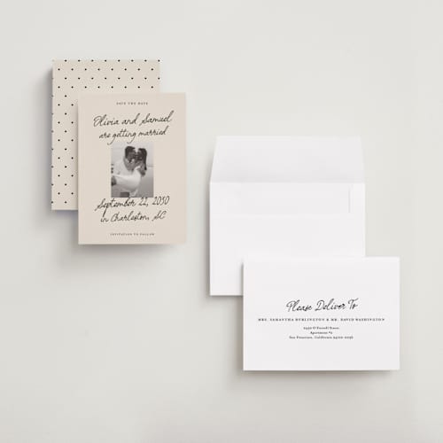 This is a linen petite save the dates with standard by Kercia Jane called written in love printing on recycled smooth signature in petite