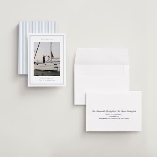 This is a ocean petite save the dates with standard by Carolyn MacLaren called boathouse printing on recycled smooth signature in petite