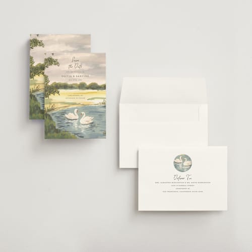 This is a lake petite save the dates with standard by Teju Reval called dreamy pond printing on signature in petite