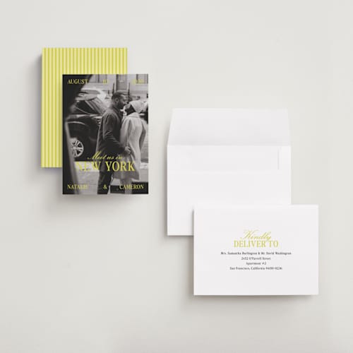 This is a sunline petite save the dates with standard by Pixel and Hank called metro printing on recycled smooth signature in petite