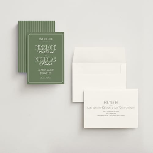 This is a garden petite save the dates with standard by Kelly Schmidt called overlapped script printing on signature in petite