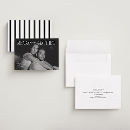 This is a pearl petite save the dates with standard by Mellary Bitner called cover shot printing on recycled smooth signature in petite