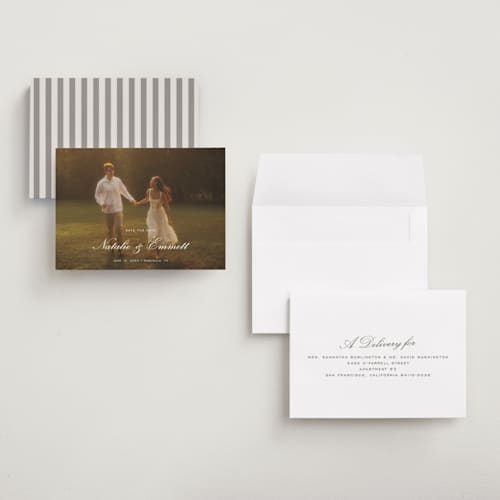 This is a ivory petite save the dates with standard by Emily Betts called story printing on recycled smooth signature in petite