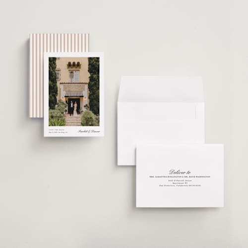 This is a lily petite save the dates with standard by Christy Hy Lee called simple space printing on recycled smooth signature in petite
