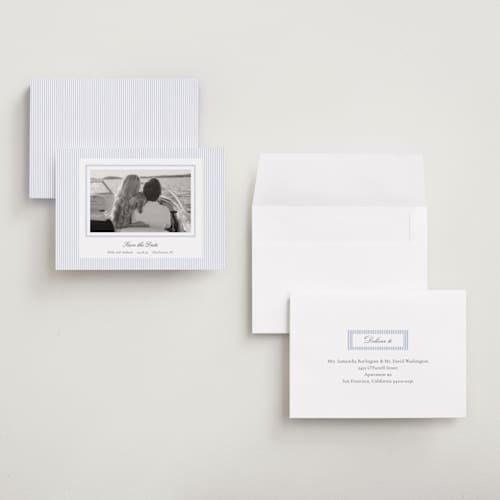 This is a sky petite save the dates with standard by Sara Hicks Malone called seersucker stripe printing on recycled smooth signature in petite