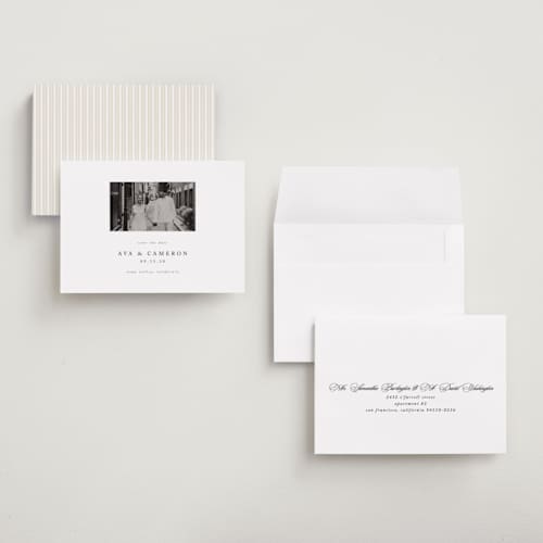 This is a onyx petite save the dates with standard by Jennifer Postorino called simple elegance printing on recycled smooth signature in petite