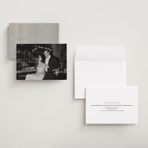 This is a ivory petite save the dates with standard by Stephanie Heinrich Godbout called lovers printing on recycled smooth signature in petite