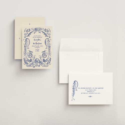 This is a marseille blue petite save the dates with standard by Ani Somi called santa catalina printing on signature in petite