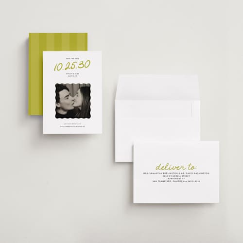This is a chartreuse petite save the dates with standard by Sarah Brown called cascade printing on recycled smooth signature in petite