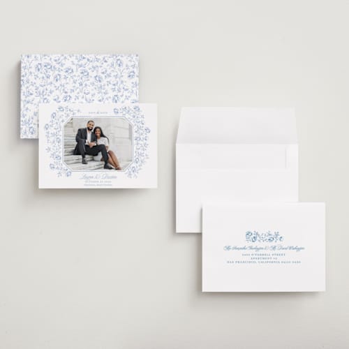 This is a sky petite save the dates with standard by Robert and Stella called framed florals printing on recycled smooth signature in petite