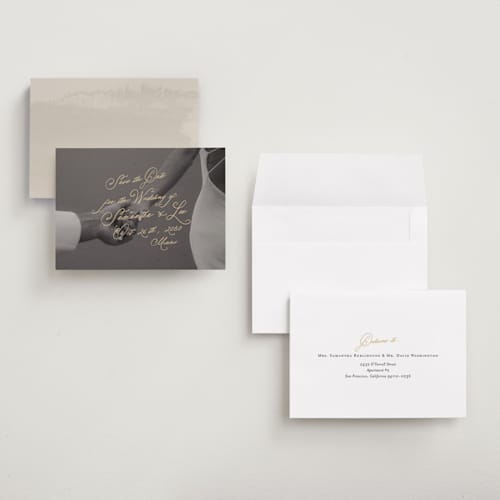 This is a wheat petite save the dates with standard by AK Graphics called twirl printing on recycled smooth signature in petite