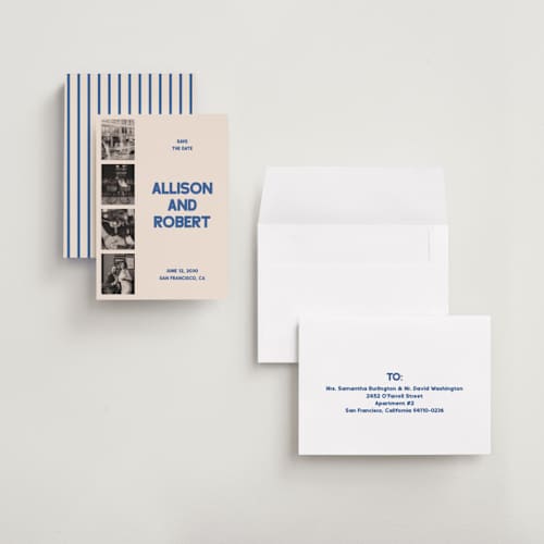 This is a sky petite save the dates with standard by Sumak Studio called bold side printing on recycled smooth signature in petite