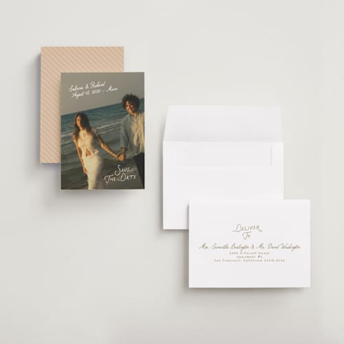 This is a moonstone petite save the dates with standard by Creo Study called slanted printing on recycled smooth signature in petite