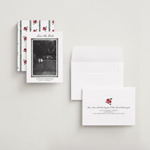 This is a rose petite save the dates with standard by Studio Suku called garden rose printing on recycled smooth signature in petite