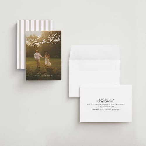 This is a porcelain petite save the dates with standard by Orasie called vintage elegant printing on recycled smooth signature in petite