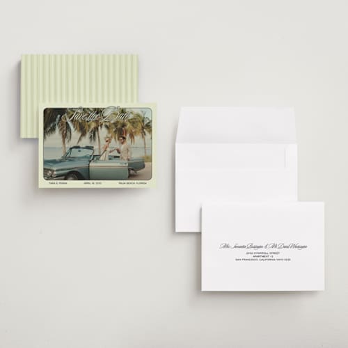 This is a palm sage petite save the dates with standard by Ani Somi called sunset ave printing on recycled smooth signature in petite