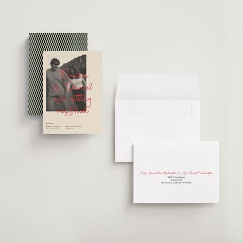 This is a poppy petite save the dates with standard by Jennifer Lew called feature printing on recycled smooth signature in petite
