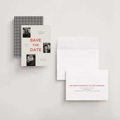 This is a poppy petite save the dates with standard by Studio Suku called little snapshots printing on recycled smooth signature in petite