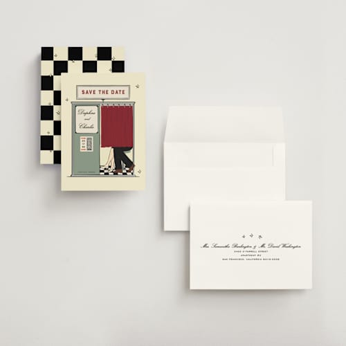 This is a vintage petite save the dates with standard by Jennifer Lew called photobooth printing on signature in petite
