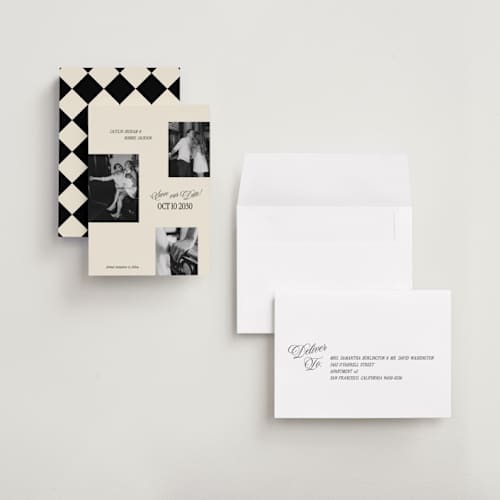 This is a cream petite save the dates with standard by Robert and Stella called saved snaps printing on recycled smooth signature in petite