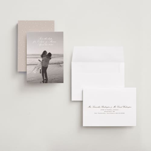 This is a ice petite save the dates with standard by chocomocacino called wakayu printing on recycled smooth signature in petite