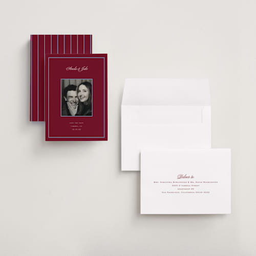 This is a cardinal petite save the dates with standard by Laura Vuletic called orion printing on recycled smooth signature in petite