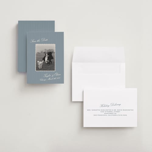This is a ocean petite save the dates with standard by Kristie Kern called a vintage vibe printing on recycled smooth signature in petite