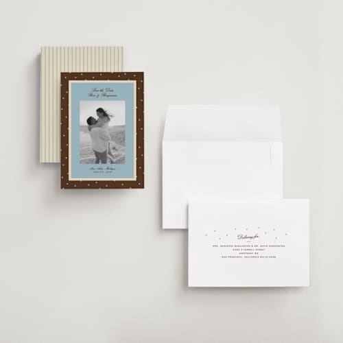 This is a coffee petite save the dates with standard by Ellen Schlegelmilch called festive polka printing on recycled smooth signature in petite