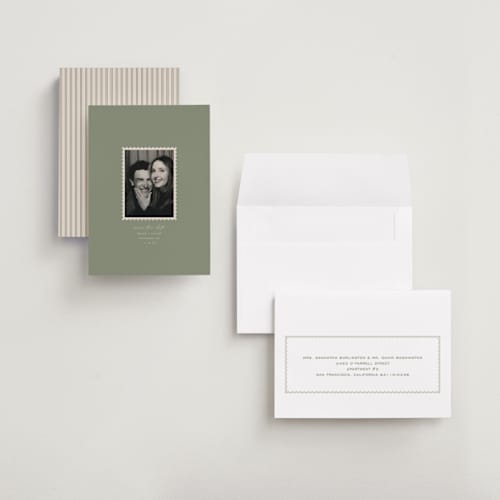 This is a sage petite save the dates with standard by Sierra Lee called post printing on recycled smooth signature in petite